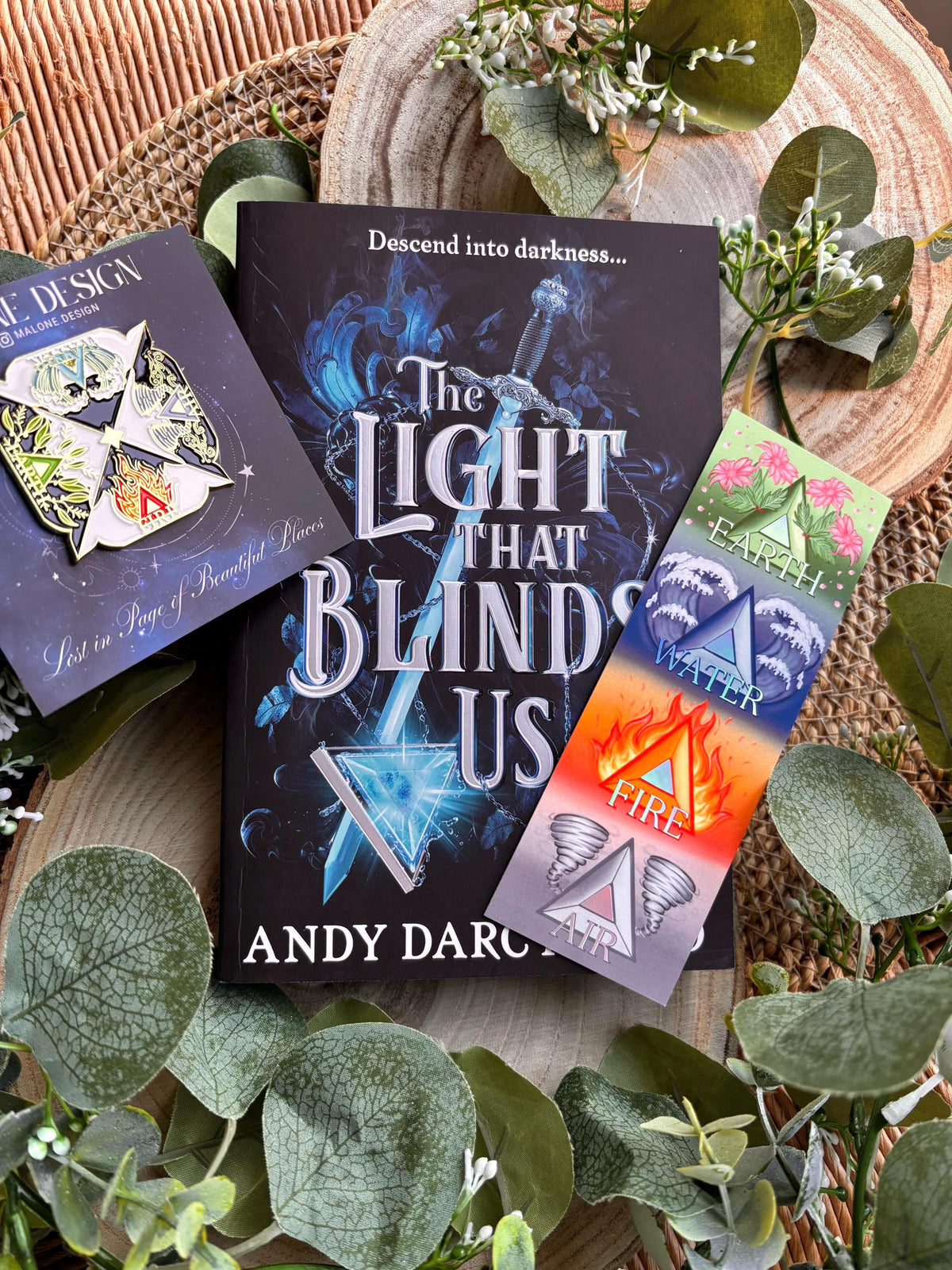 Elemental Foil bookmark and Pin Badge. Earth, Water, fire and Air. Andy Darcy Theo. The Light That Blinds Us Official Merch.