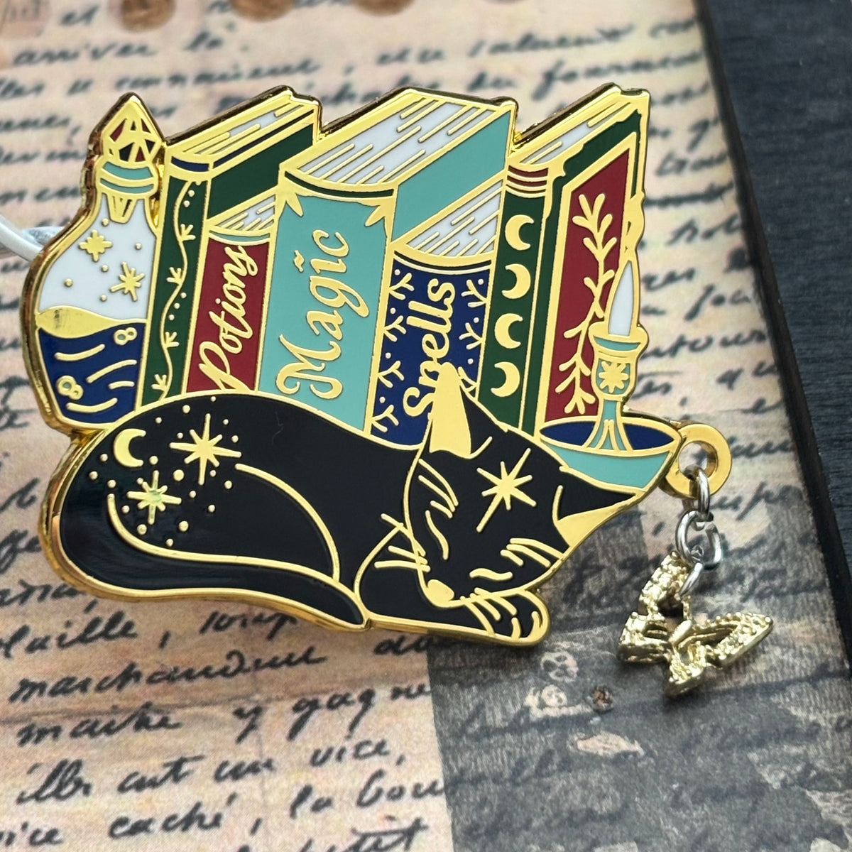 Cat Bookstack Magic Collection. Cat Pin. Enamel witchy book cat lover merch. Cat dreaming of butterflies.