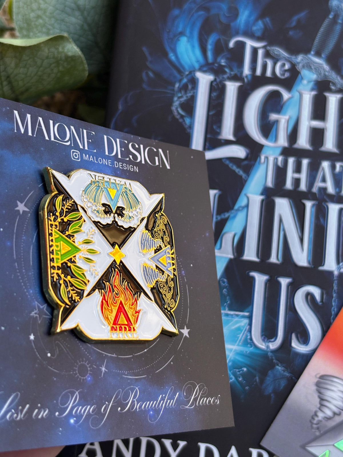 Elemental Foil bookmark and Pin Badge. Earth, Water, fire and Air. Andy Darcy Theo. The Light That Blinds Us Official Merch.