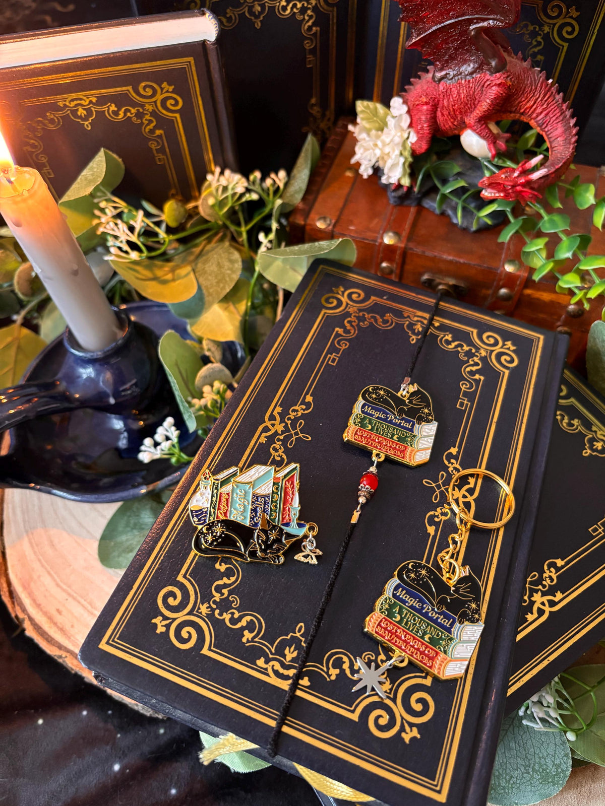 Cat Bookstack Magic Collection. Cat Pin, Keychain, Bookband and Bookmark. Enamel witchy book cat lover merch.