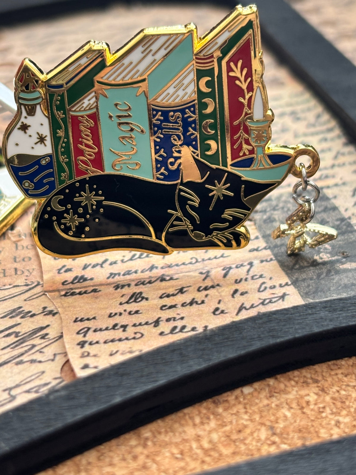 Cat Bookstack Magic Collection. Cat Pin. Enamel witchy book cat lover merch. Cat dreaming of butterflies.