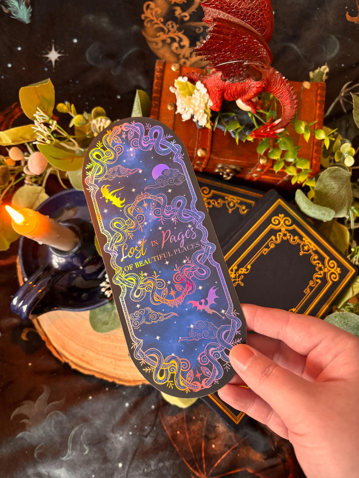 Large Fantasy Dragon Bookmark holographic: Celestial Night Sky Foil Art. Lost in pages of beautiful places. Fantasy bookmark.