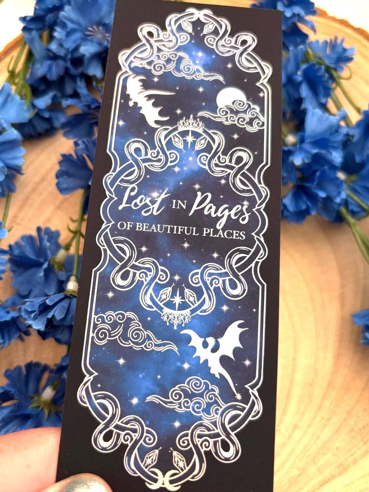 Holographic Dragon Bookmark: Celestial Night Sky Foil Art. Lost in pages of beautiful places. Fantasy bookmark.