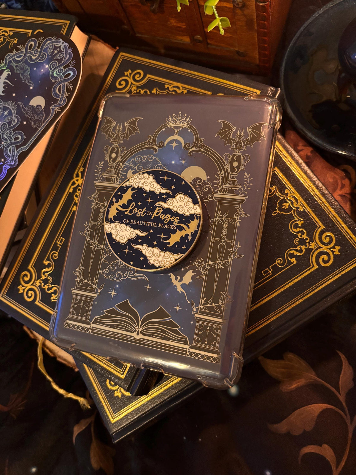 Lost in Pages of Beautiful Places Kindle/E reader foiled Insert with optional bookmark. Dragon and magic portal insert.