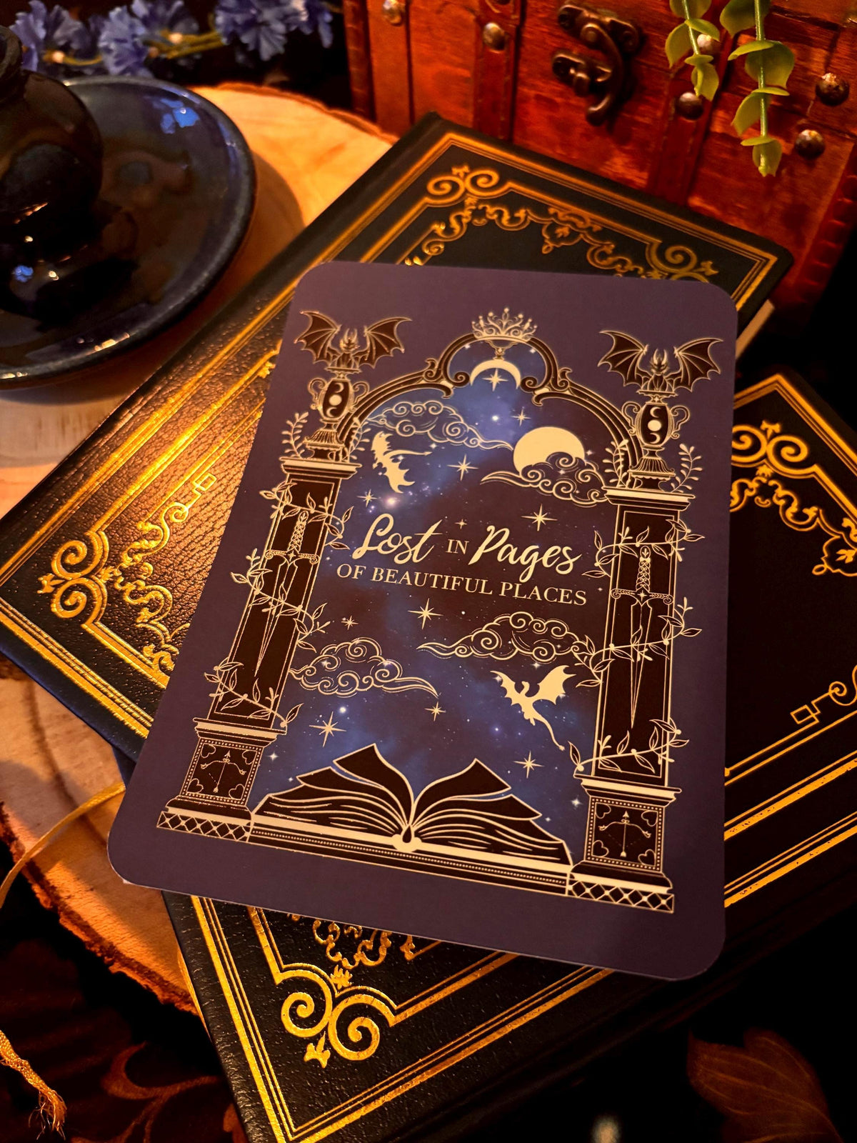 Lost in Pages of Beautiful Places Kindle/E reader foiled Insert with optional bookmark. Dragon and magic portal insert.