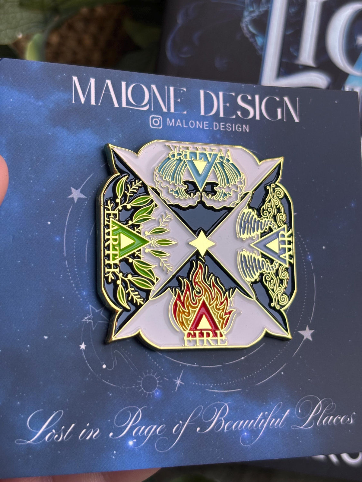 Elemental Foil bookmark and Pin Badge. Earth, Water, fire and Air. Andy Darcy Theo. The Light That Blinds Us Official Merch.