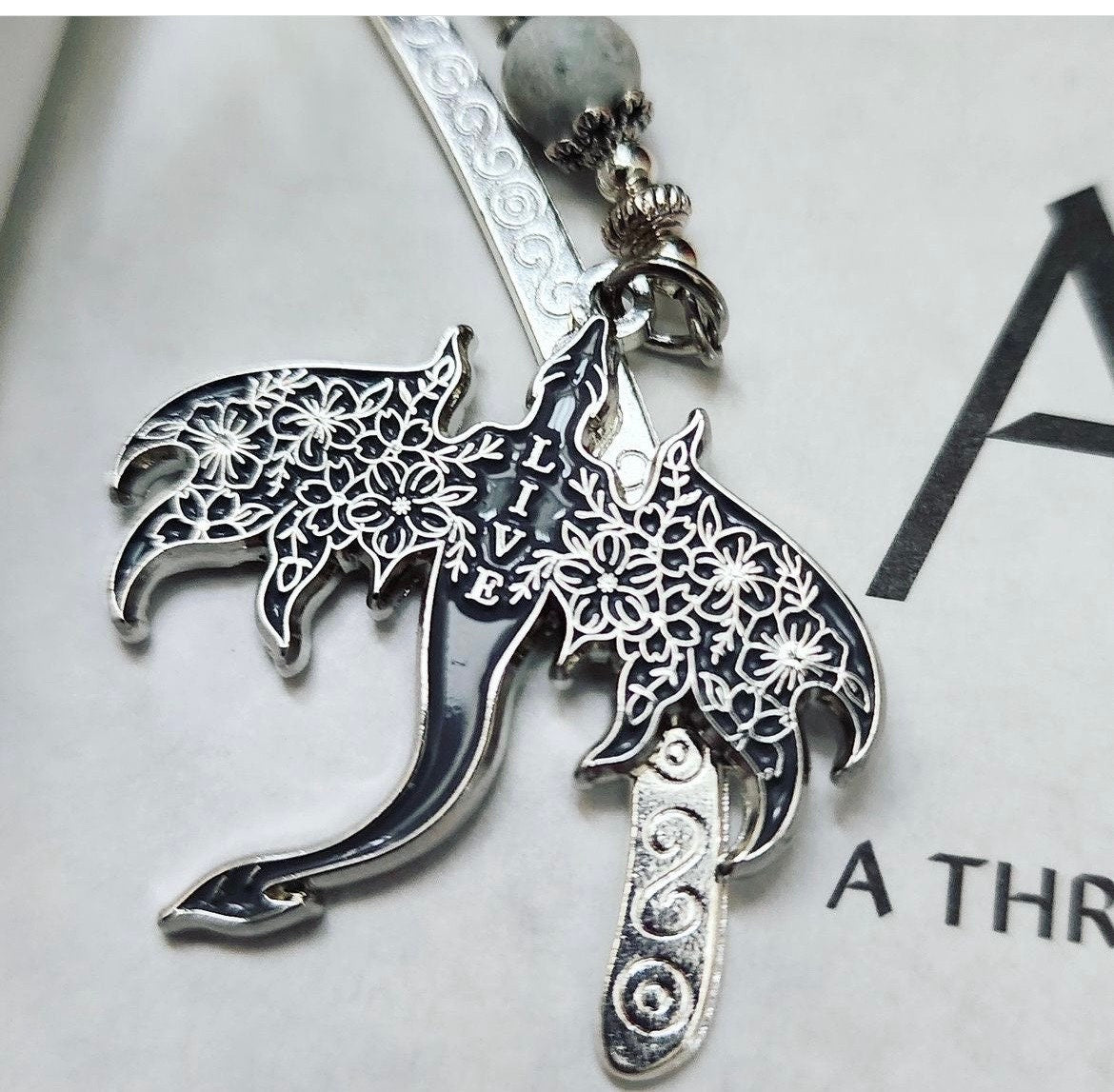 Dragon Bookmark or Keyring. Enamel Live. Floral Wyvern.