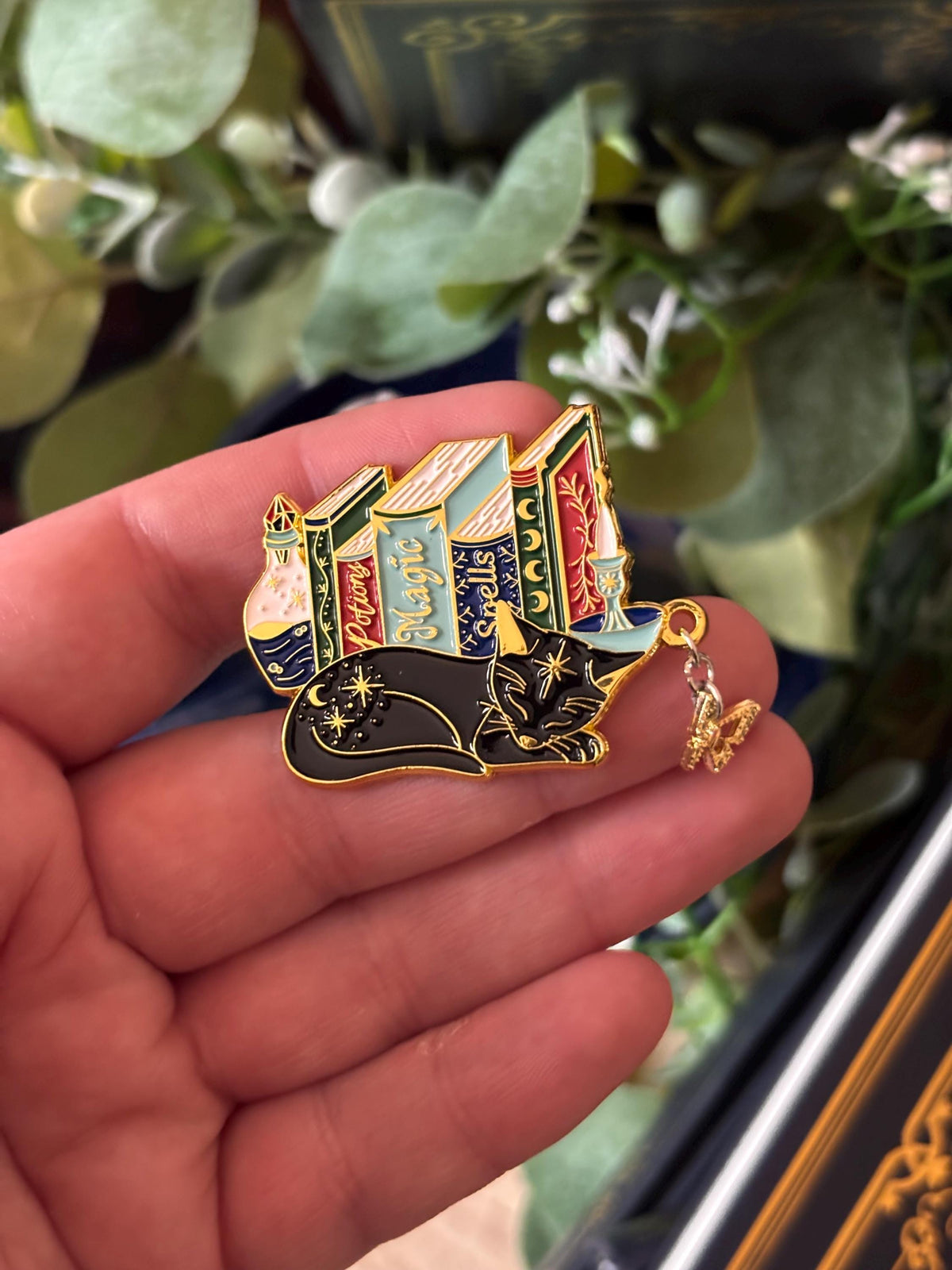 Cat Bookstack Magic Collection. Cat Pin. Enamel witchy book cat lover merch. Cat dreaming of butterflies.