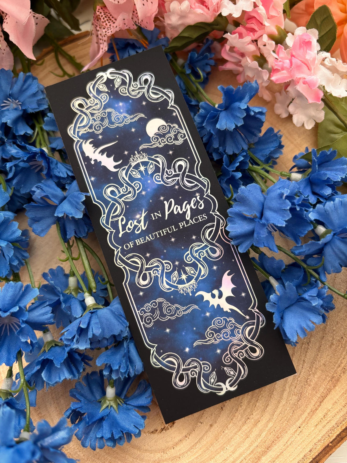 Holographic Dragon Bookmark: Celestial Night Sky Foil Art. Lost in pages of beautiful places. Fantasy bookmark.