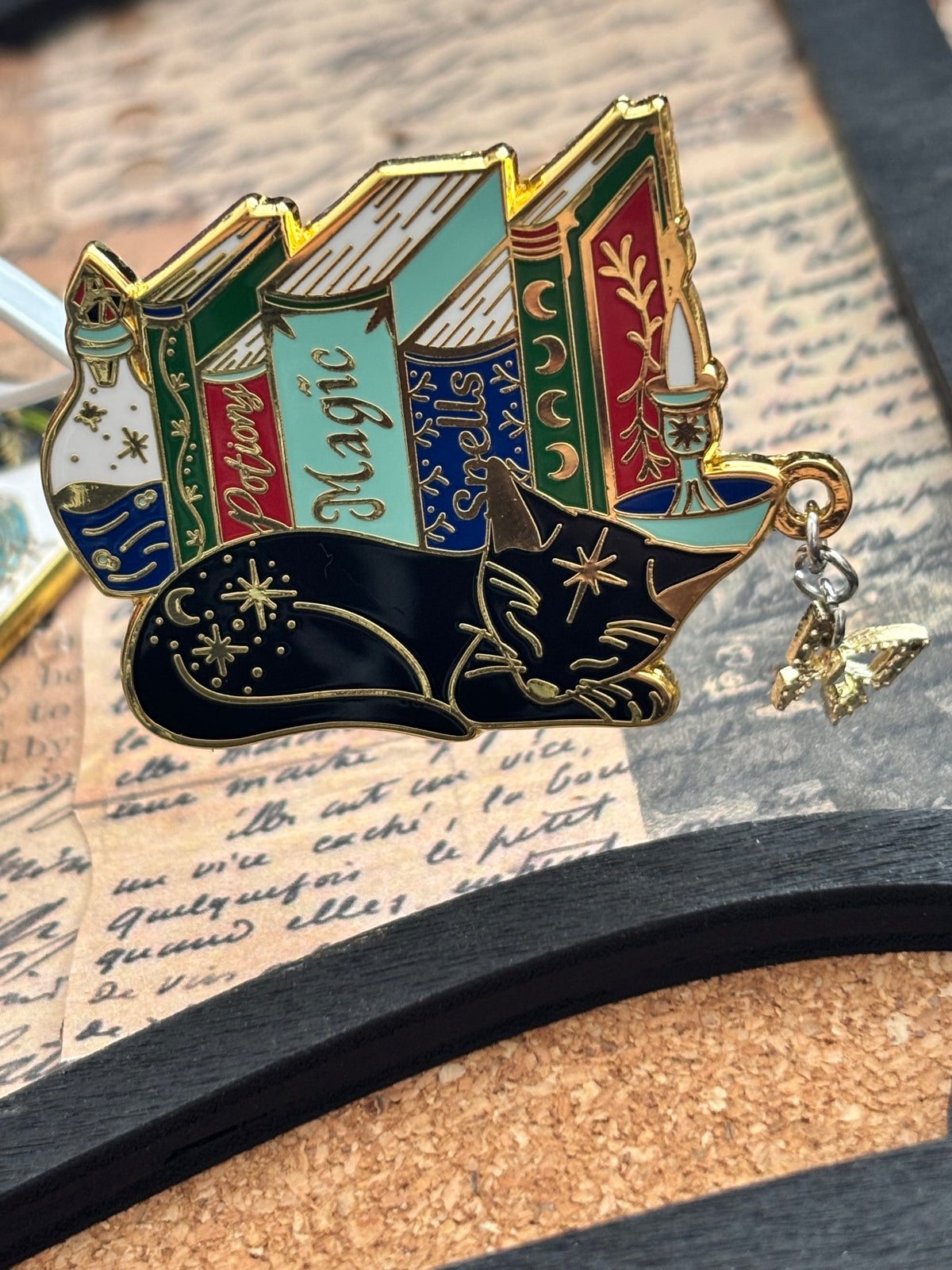 Cat Bookstack Magic Collection. Cat Pin. Enamel witchy book cat lover merch. Cat dreaming of butterflies.