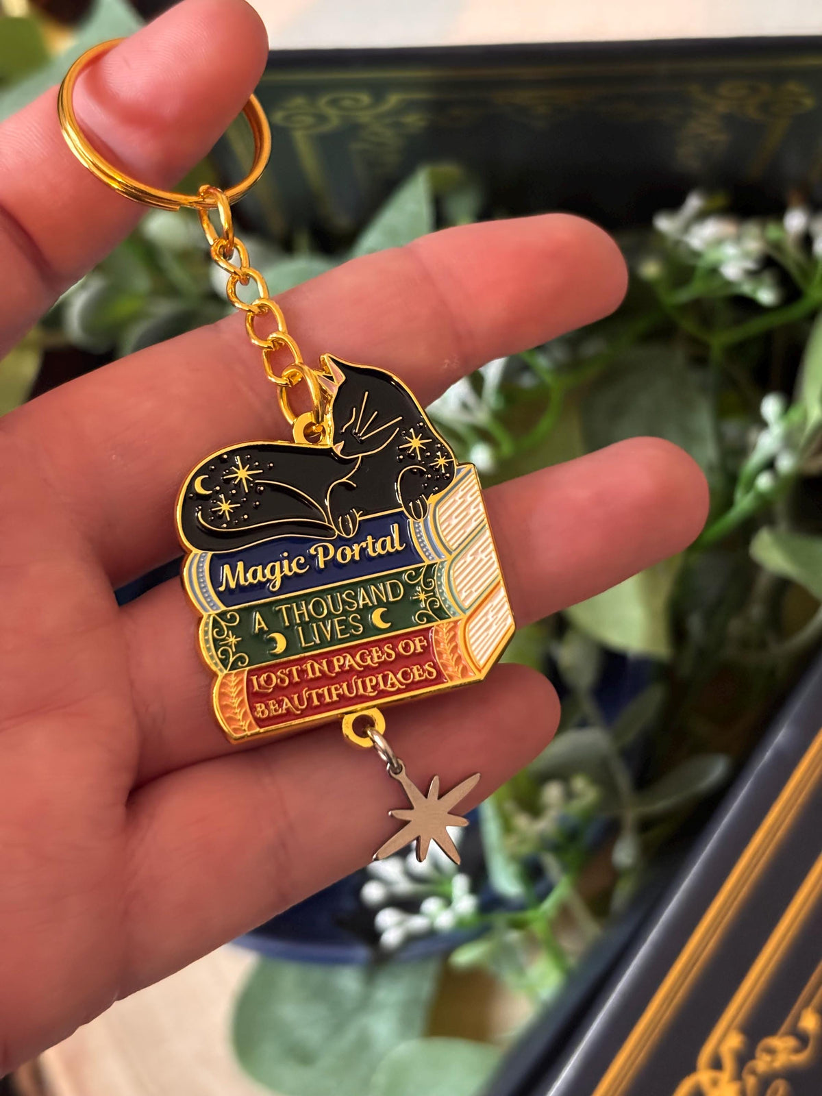 Cat Bookstack Magic Collection. Cat Pin, Keychain, Bookband and Bookmark. Enamel witchy book cat lover merch.