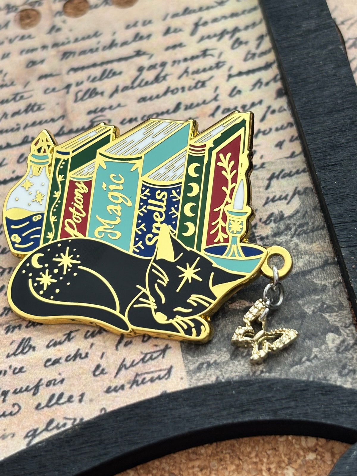 Cat Bookstack Magic Collection. Cat Pin. Enamel witchy book cat lover merch. Cat dreaming of butterflies.