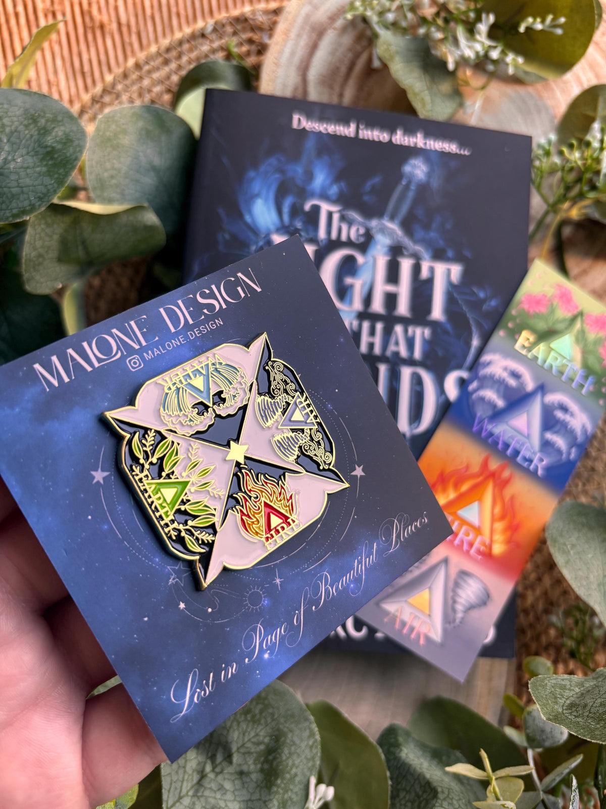 Elemental Foil bookmark and Pin Badge. Earth, Water, fire and Air. Andy Darcy Theo. The Light That Blinds Us Official Merch.