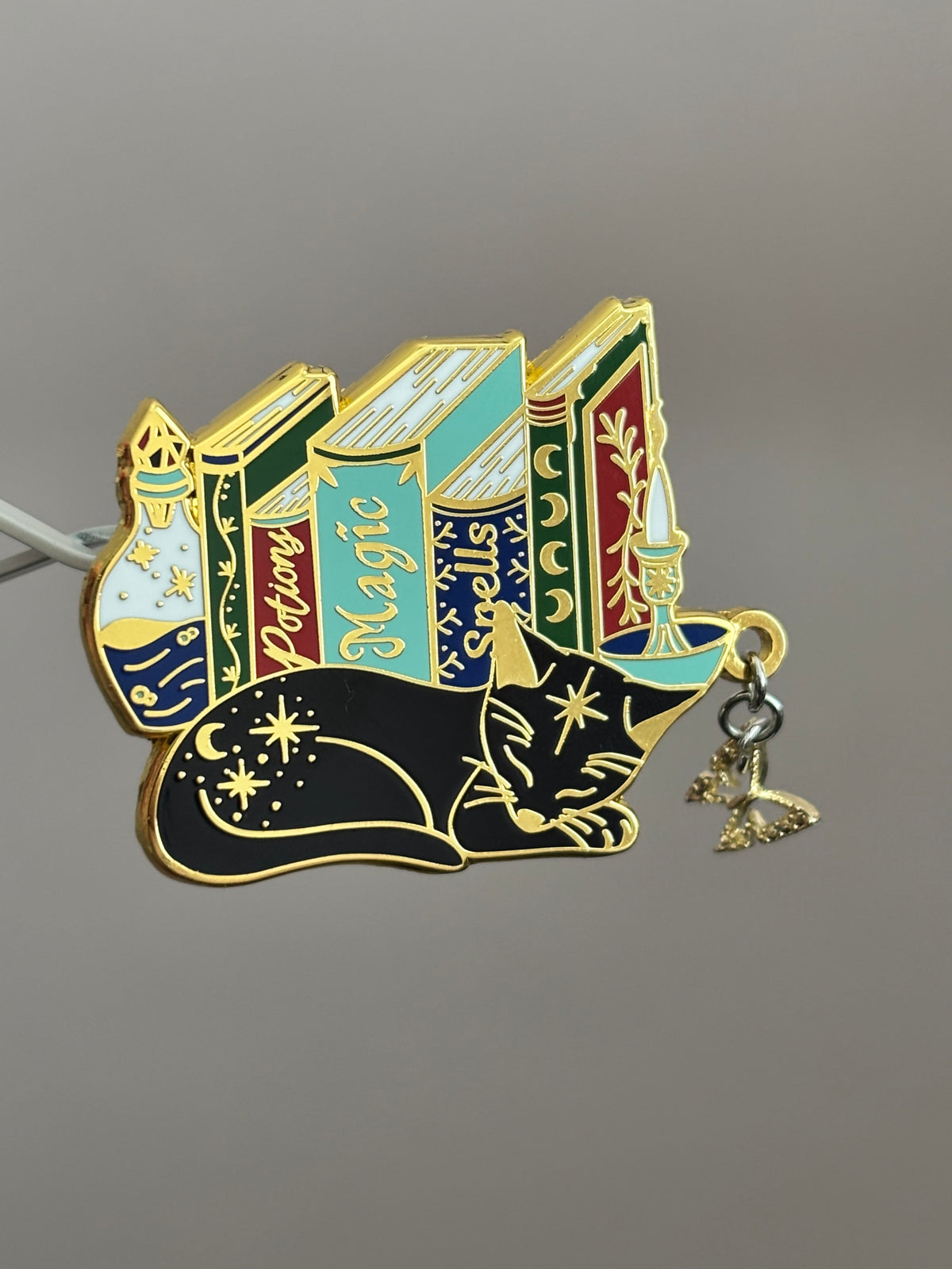 Cat Bookstack Magic Collection. Cat Pin. Enamel witchy book cat lover merch. Cat dreaming of butterflies.