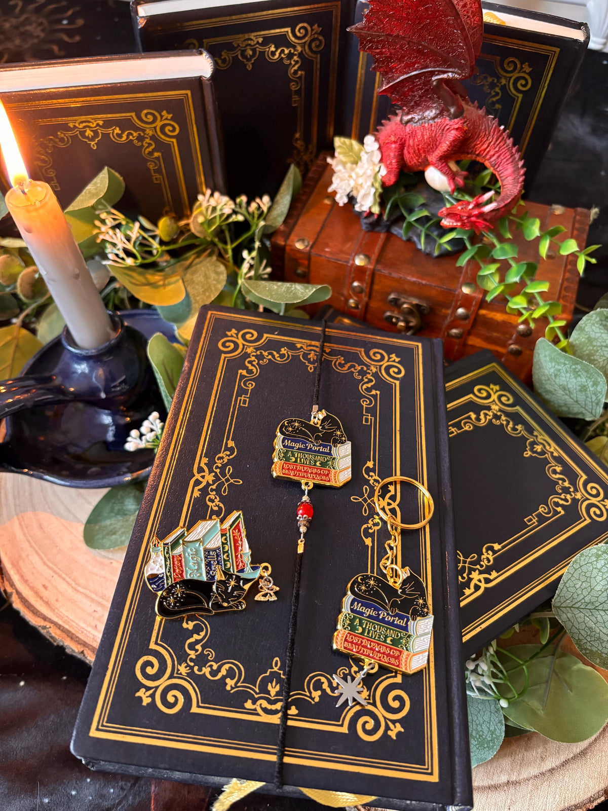Cat Bookstack Magic Collection. Cat Pin, Keychain, Bookband and Bookmark. Enamel witchy book cat lover merch.