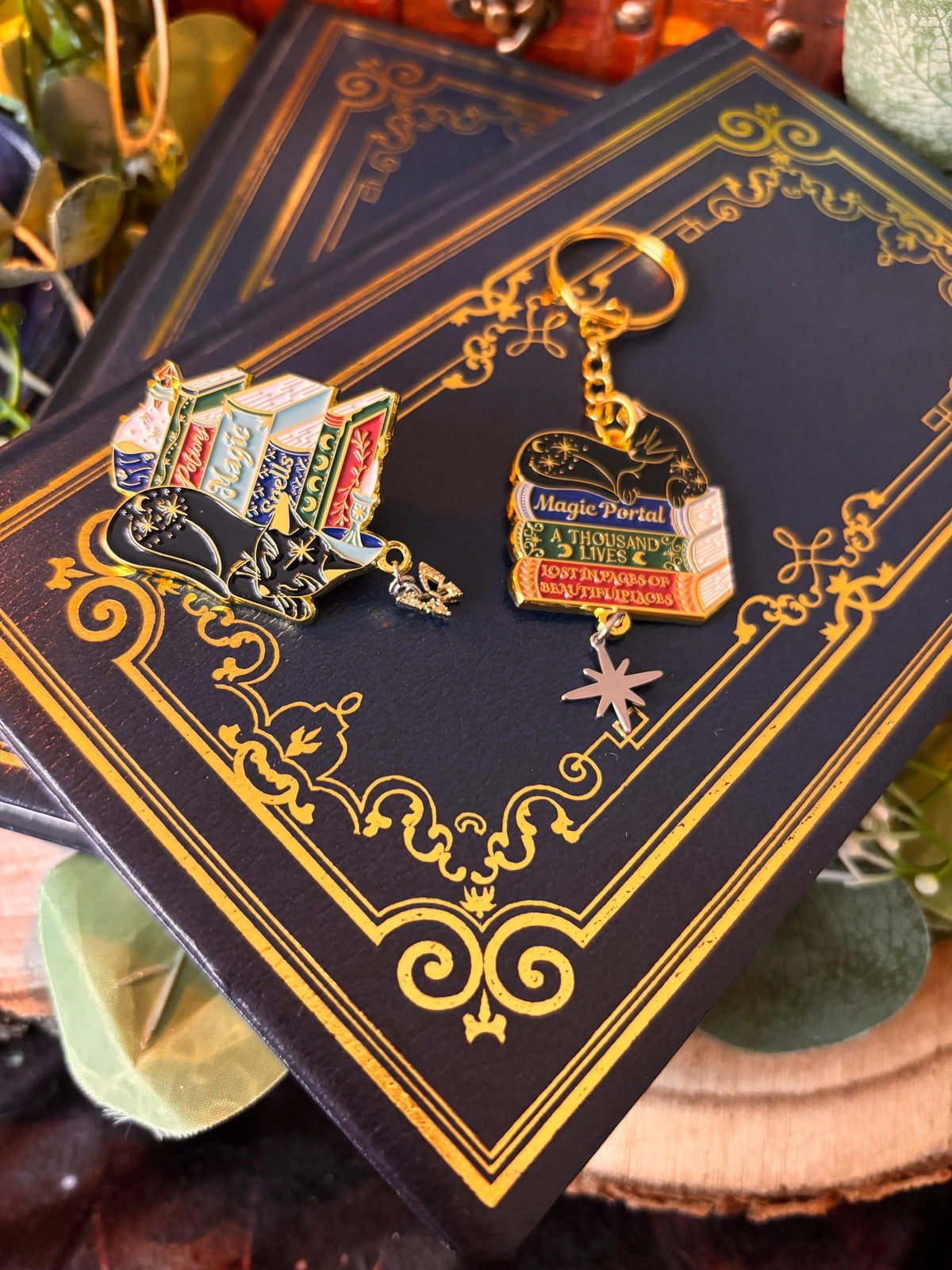 Cat Bookstack Magic Collection. Cat Pin. Enamel witchy book cat lover merch. Cat dreaming of butterflies.