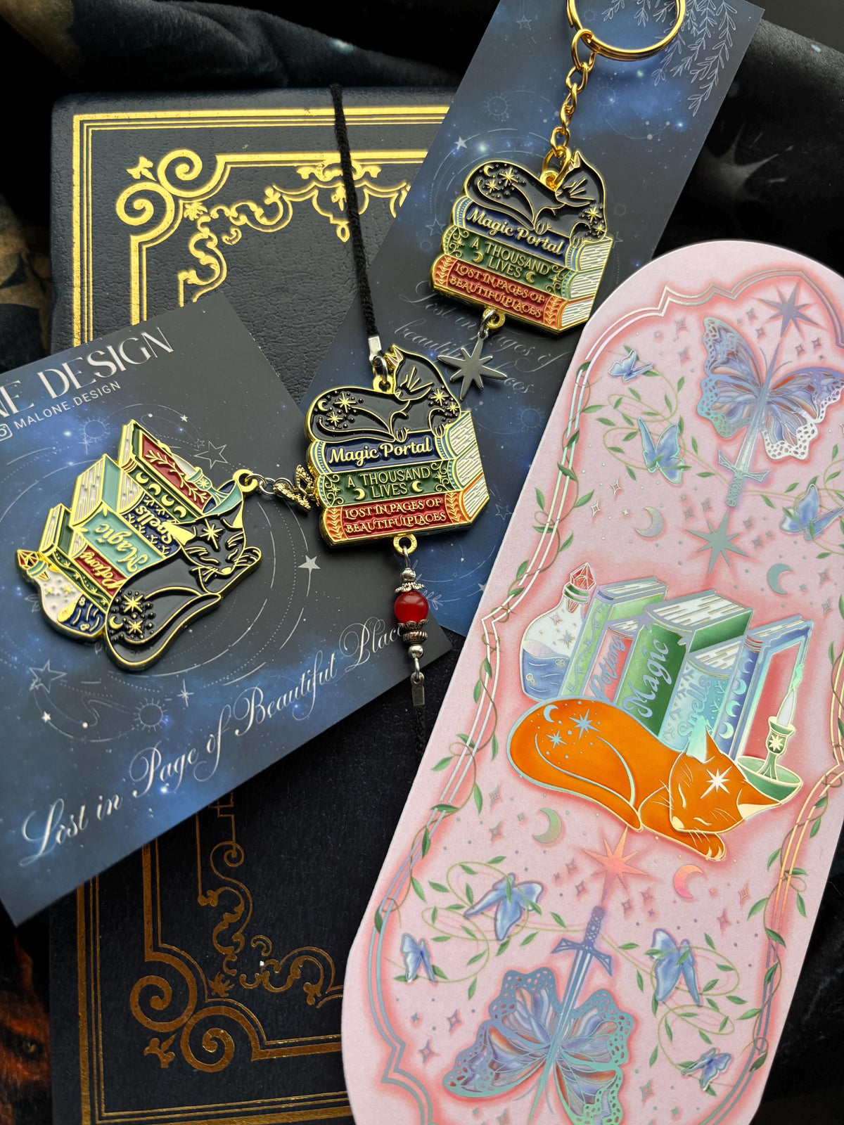 Cat Bookstack Magic Collection. Cat Pin. Enamel witchy book cat lover merch. Cat dreaming of butterflies.