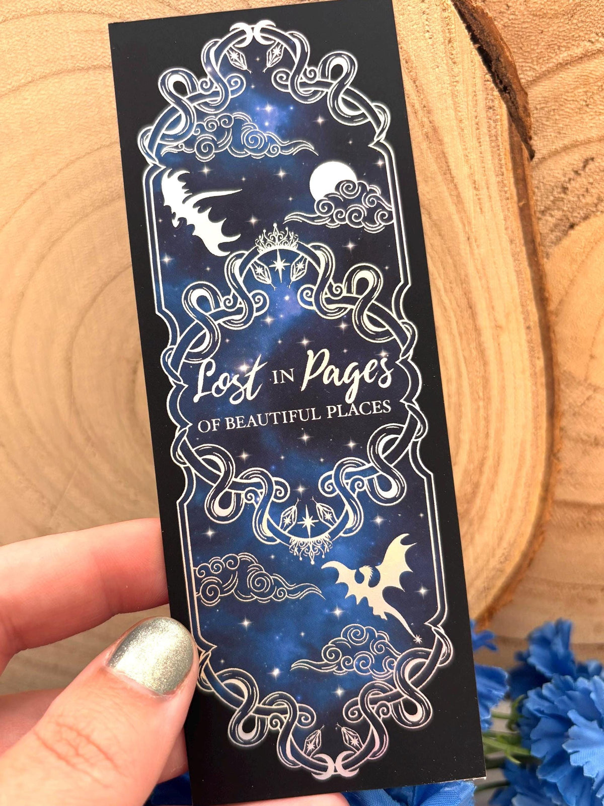 Holographic Dragon Bookmark: Celestial Night Sky Foil Art. Lost in pages of beautiful places. Fantasy bookmark.