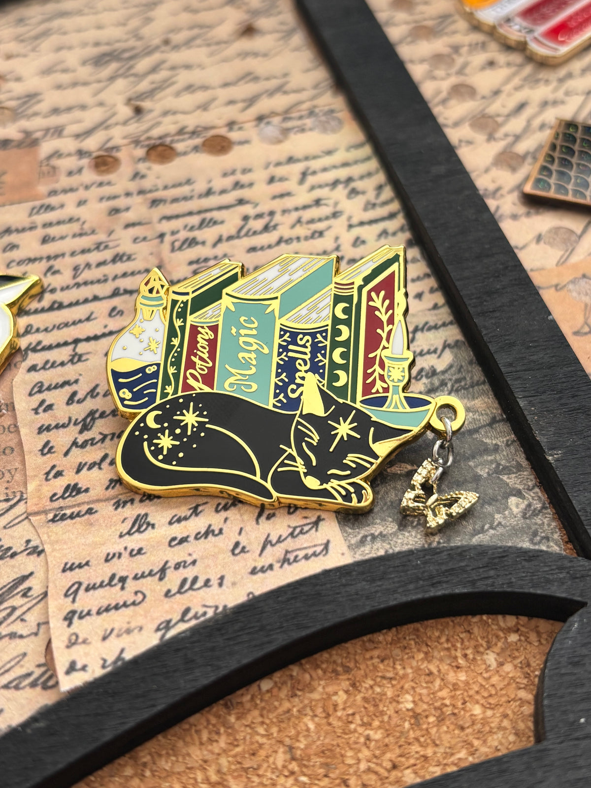 Cat Bookstack Magic Collection. Cat Pin. Enamel witchy book cat lover merch. Cat dreaming of butterflies.