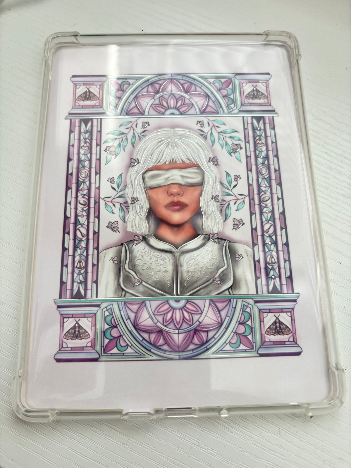 Knight and the Moth licensed Kindle/E reader foiled art print or kindle insert in three sizes. Purple archway foiled silver.