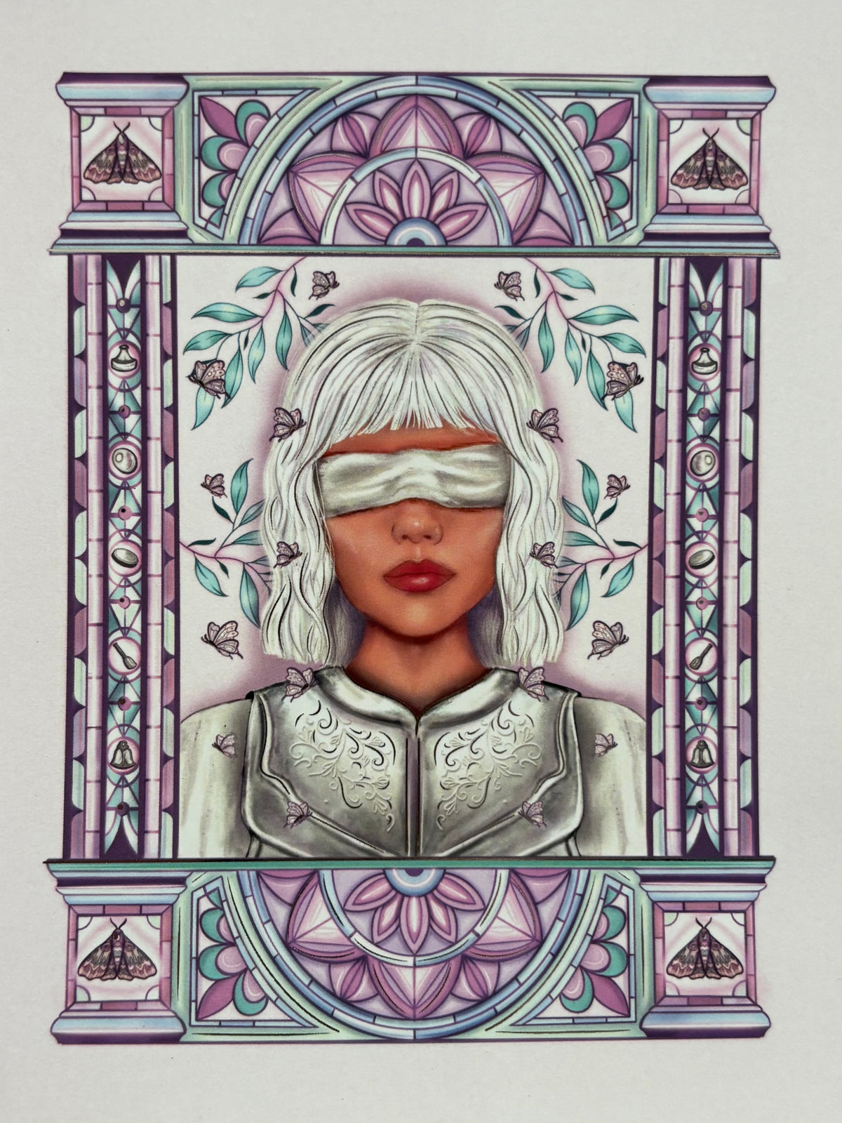 Knight and the Moth licensed Kindle/E reader foiled art print or kindle insert in three sizes. Purple archway foiled silver.