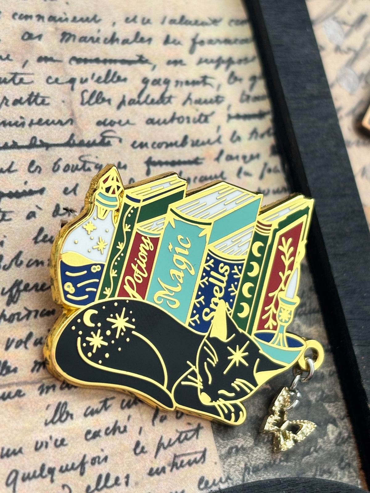 Cat Bookstack Magic Collection. Cat Pin. Enamel witchy book cat lover merch. Cat dreaming of butterflies.