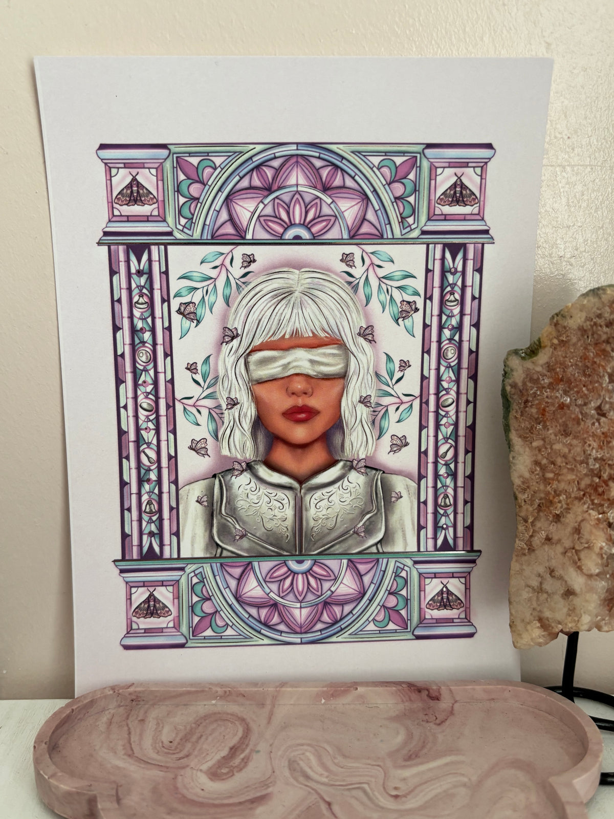 Knight and the Moth licensed Kindle/E reader foiled art print or kindle insert in three sizes. Purple archway foiled silver.