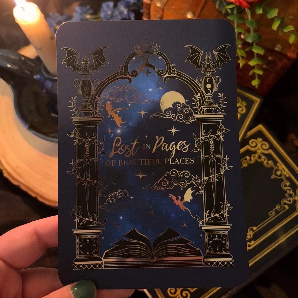 Lost in Pages of Beautiful Places Kindle/E reader foiled Insert with optional bookmark. Dragon and magic portal insert.