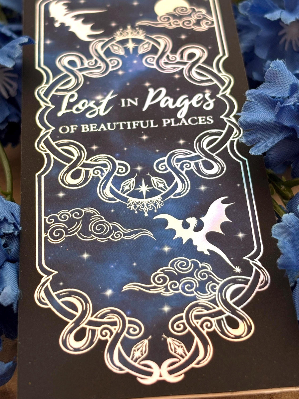 Holographic Dragon Bookmark: Celestial Night Sky Foil Art. Lost in pages of beautiful places. Fantasy bookmark.