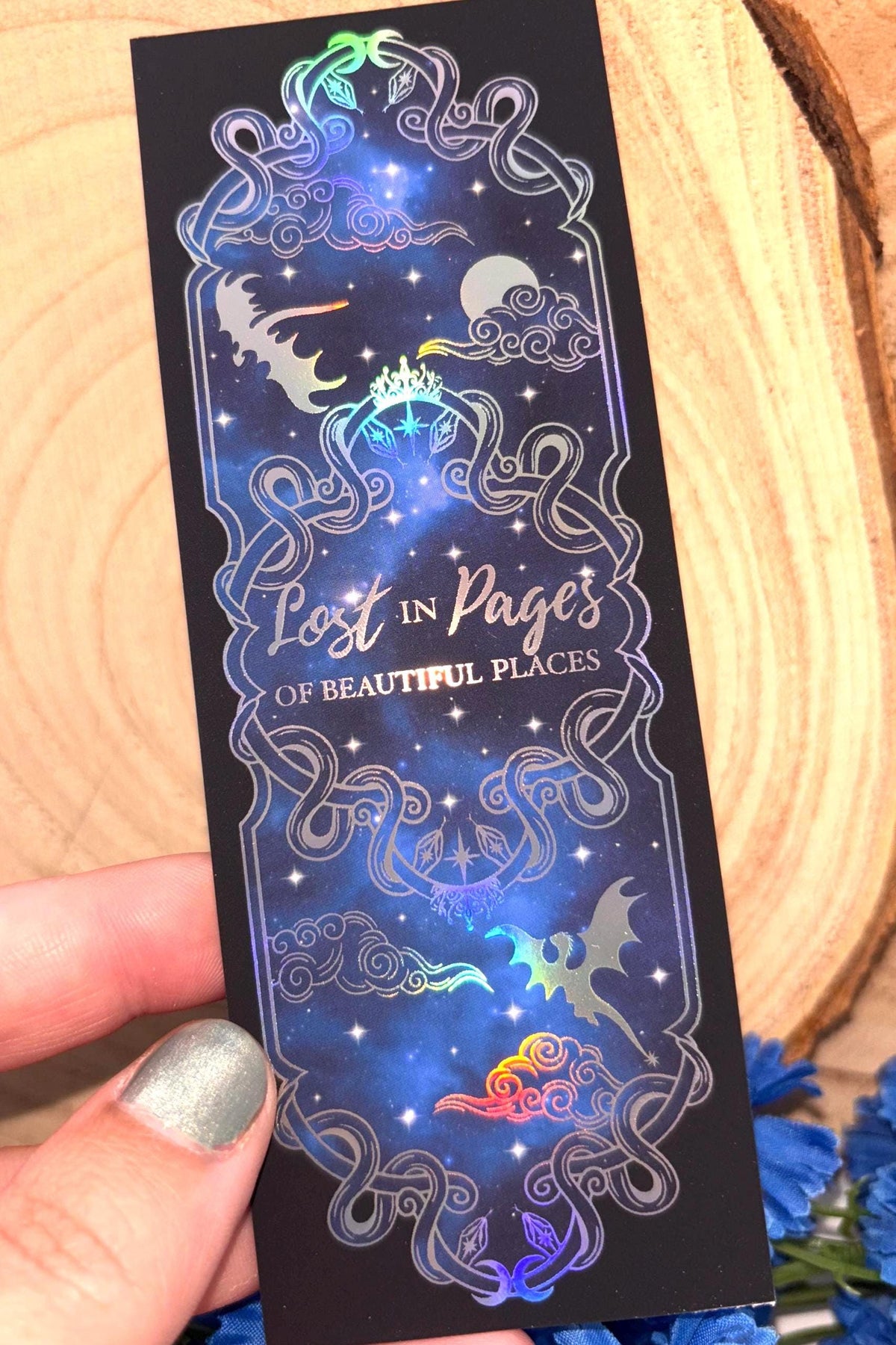Holographic Dragon Bookmark: Celestial Night Sky Foil Art. Lost in pages of beautiful places. Fantasy bookmark.