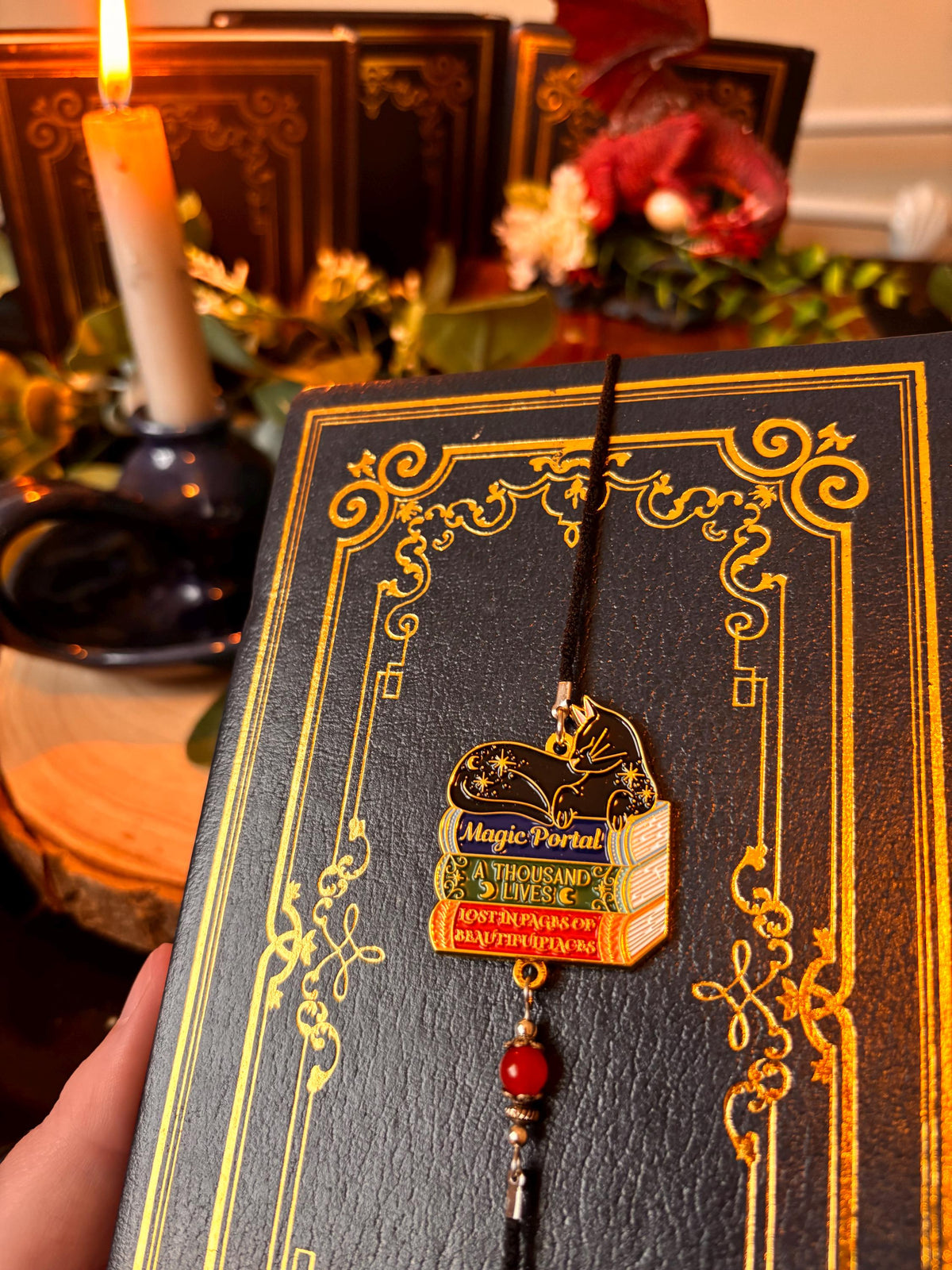 Cat Bookstack Magic Collection. Cat Pin, Keychain, Bookband and Bookmark. Enamel witchy book cat lover merch.