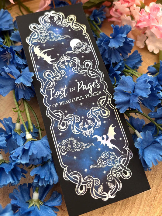 Holographic Dragon Bookmark: Celestial Night Sky Foil Art. Lost in pages of beautiful places. Fantasy bookmark.