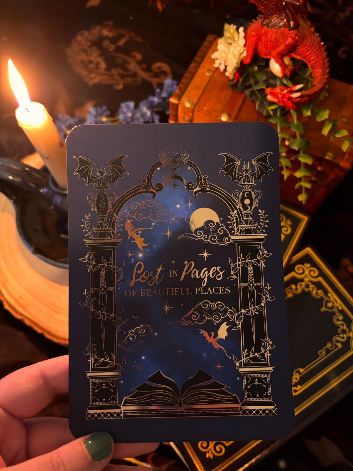 Lost in Pages of Beautiful Places Kindle/E reader foiled Insert with optional bookmark. Dragon and magic portal insert.