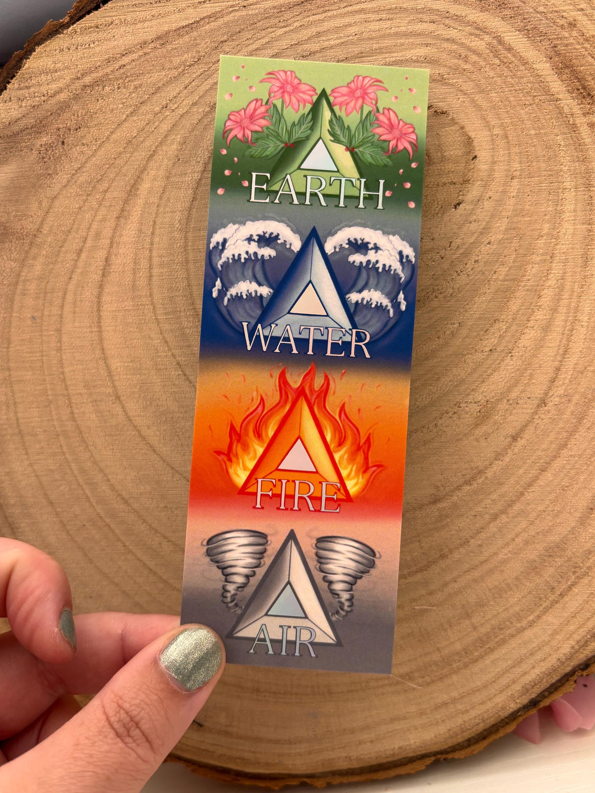 Elemental Foil bookmark and Pin Badge. Earth, Water, fire and Air. Andy Darcy Theo. The Light That Blinds Us Official Merch.