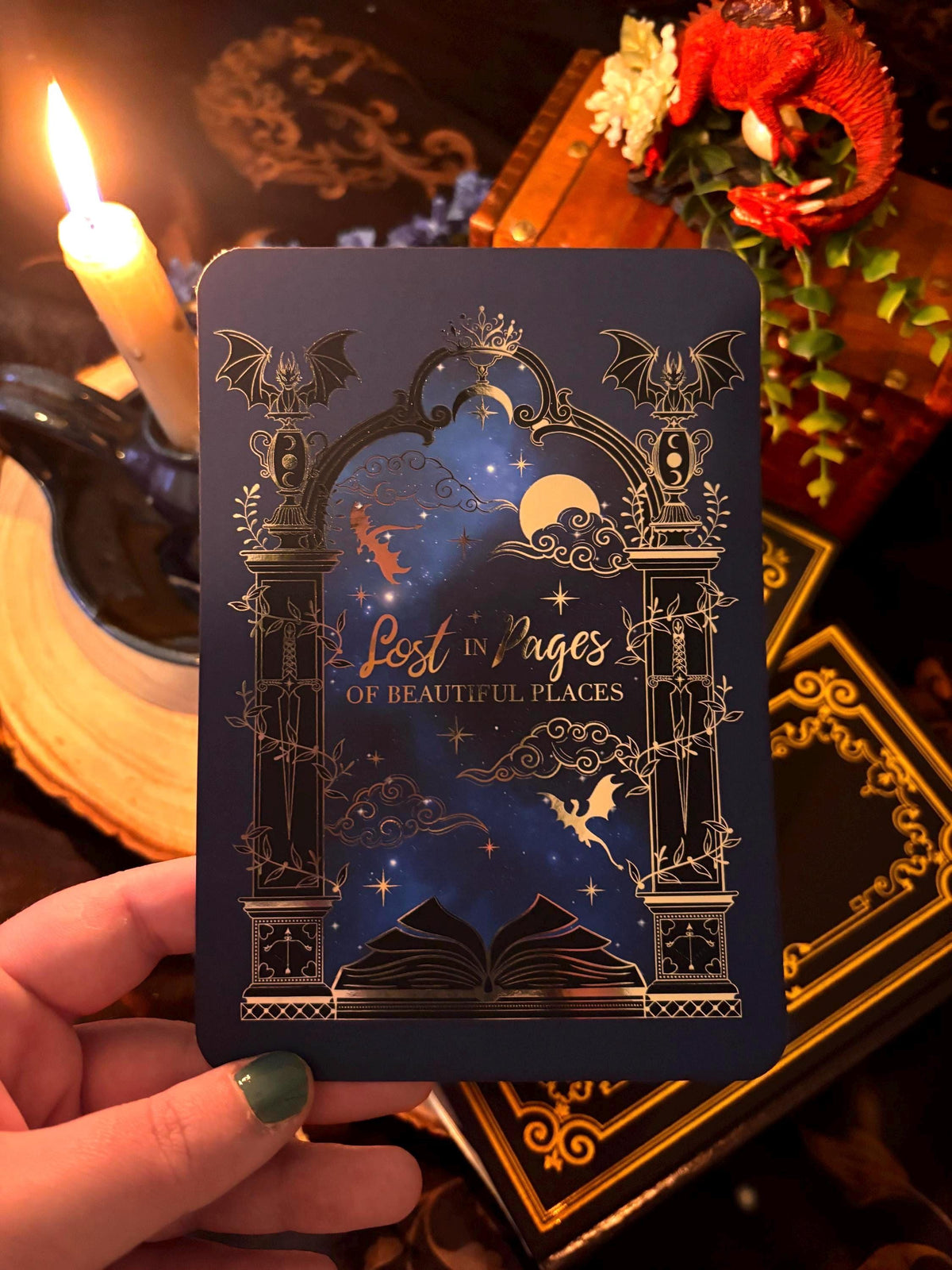 Lost in Pages of Beautiful Places Kindle/E reader foiled Insert with optional bookmark. Dragon and magic portal insert.