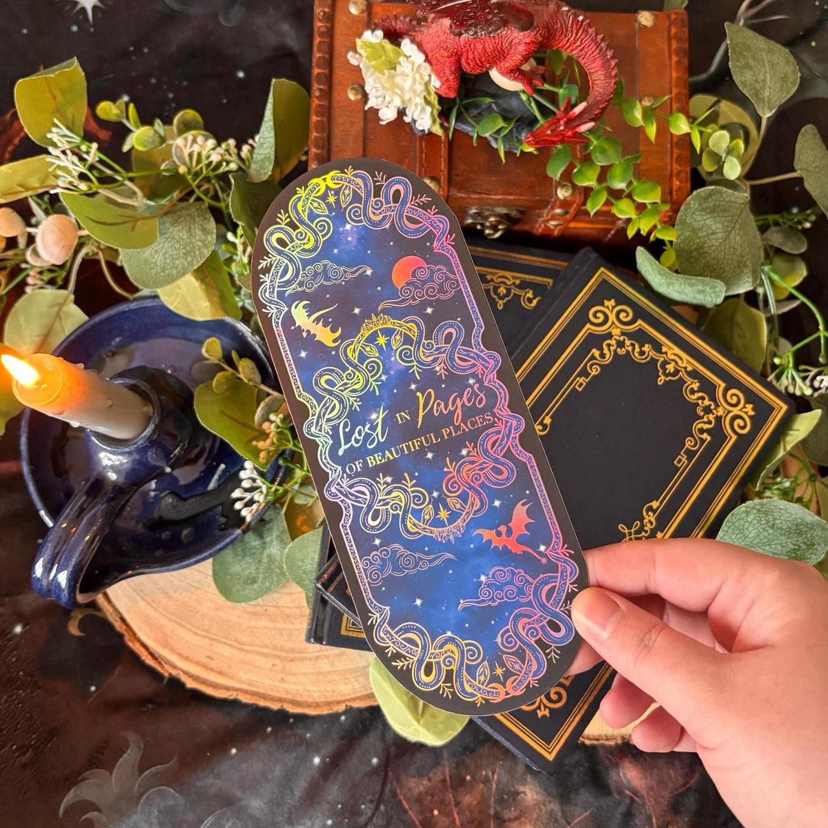 Large Fantasy Dragon Bookmark holographic: Celestial Night Sky Foil Art. Lost in pages of beautiful places. Fantasy bookmark.