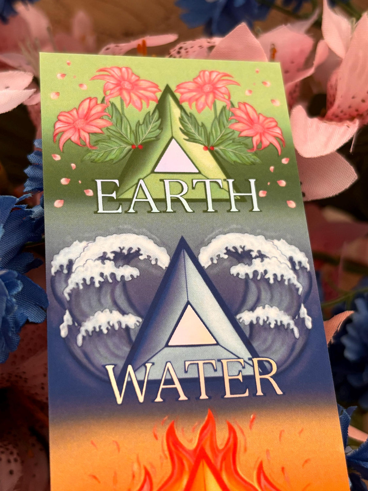 Elemental Foil bookmark and Pin Badge. Earth, Water, fire and Air. Andy Darcy Theo. The Light That Blinds Us Official Merch.
