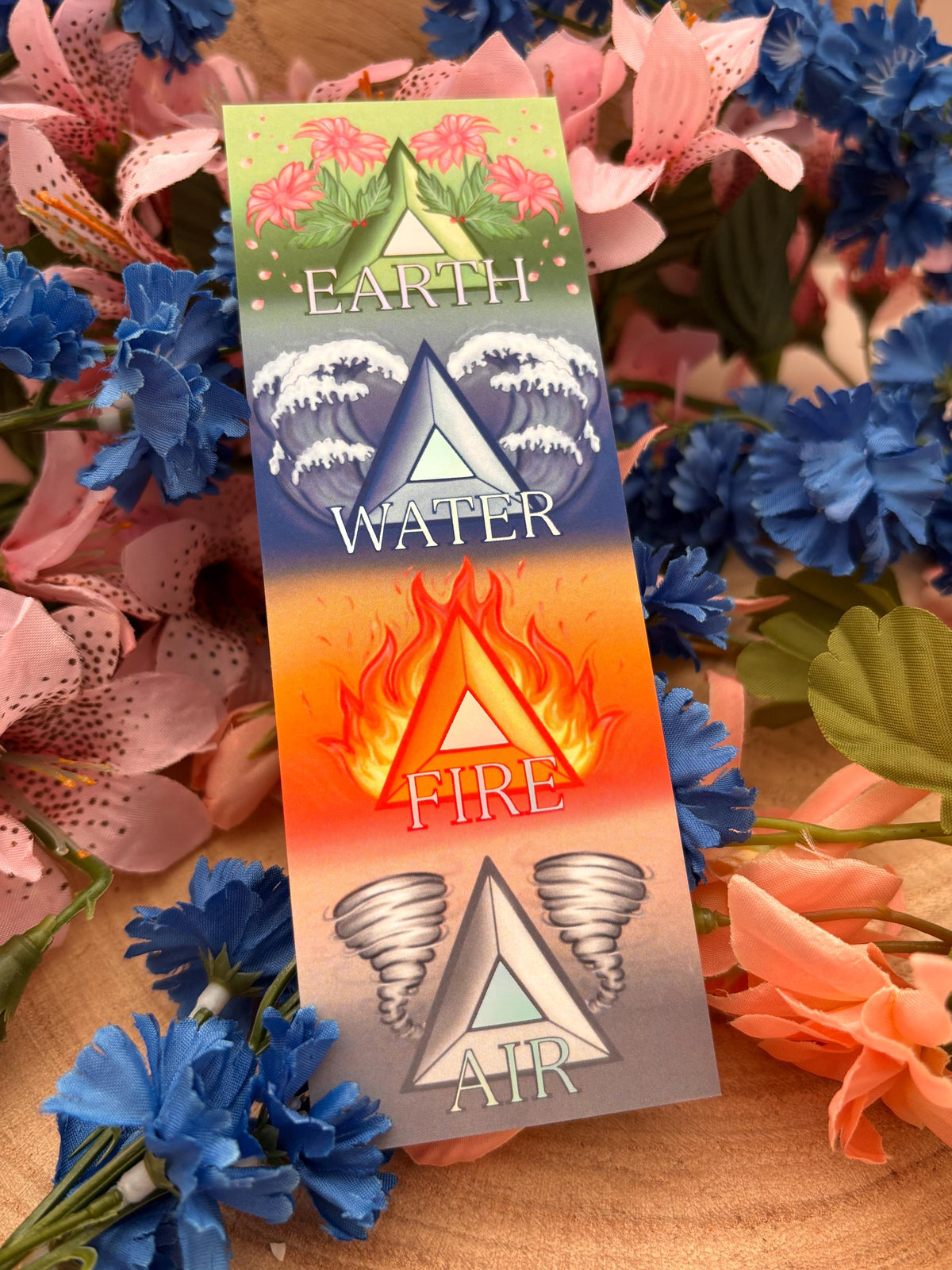 Elemental Foil bookmark and Pin Badge. Earth, Water, fire and Air. Andy Darcy Theo. The Light That Blinds Us Official Merch.